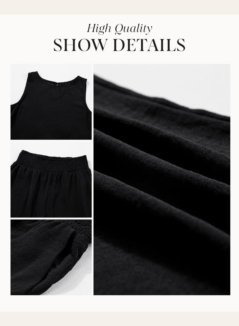Dokotoo Summer Sets Women 2 Piece Outfits Sleeveless Round Neck Tank Tops Matching Sets for Women Pleated Elastic Waist Long Pants Black Medium - Image 5