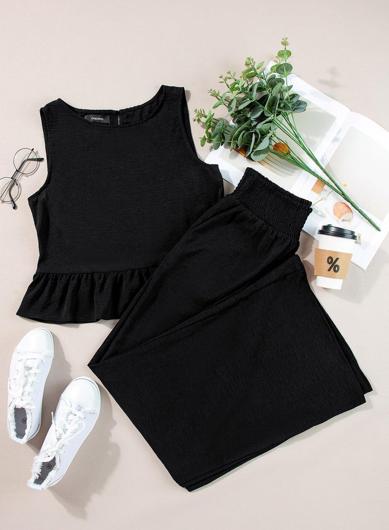 Dokotoo Summer Sets Women 2 Piece Outfits Sleeveless Round Neck Tank Tops Matching Sets for Women Pleated Elastic Waist Long Pants Black Medium - Image 4