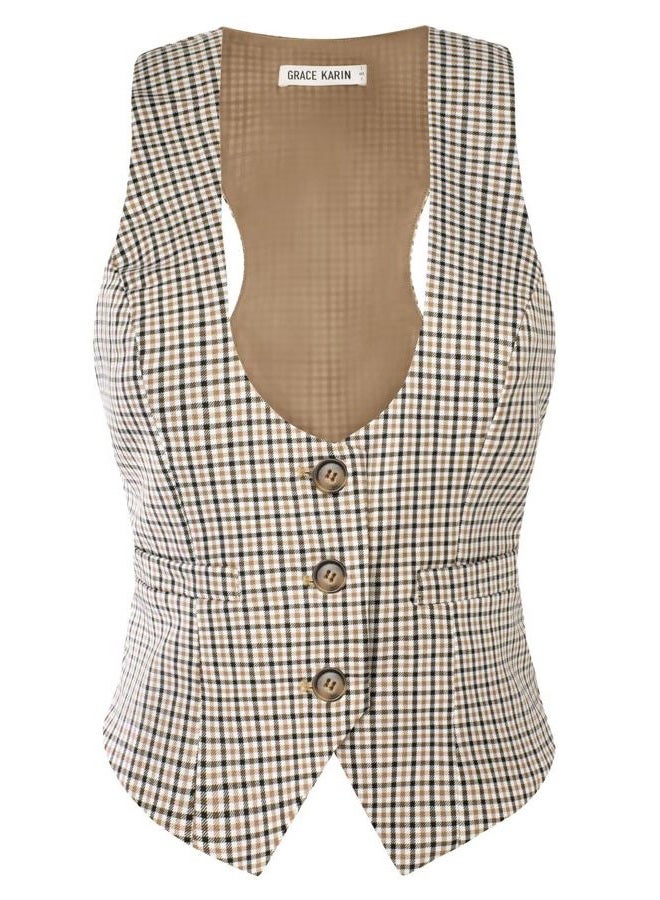GRACE KARIN Women's Suit Vest Top, Dressy Casual Sleeveless Button Wasitcoat, Fromal Steampunk Blazer For Work Office, Khaki White, L - Image 1