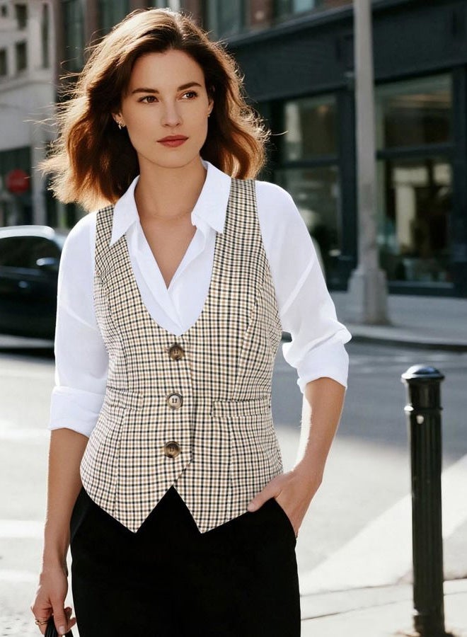GRACE KARIN Women's Suit Vest Top, Dressy Casual Sleeveless Button Wasitcoat, Fromal Steampunk Blazer For Work Office, Khaki White, L - Image 5