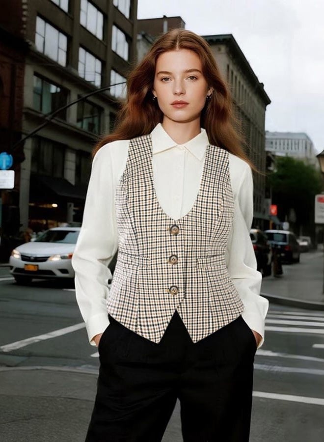 GRACE KARIN Women's Suit Vest Top, Dressy Casual Sleeveless Button Wasitcoat, Fromal Steampunk Blazer For Work Office, Khaki White, L - Image 3