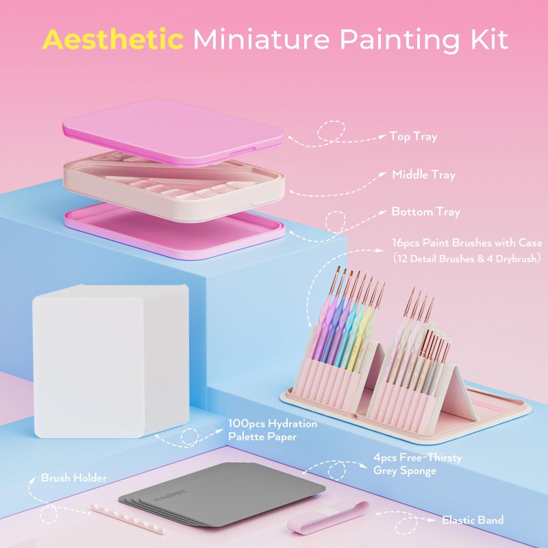 Nicpro Aesthetic Miniature Painting Kit, Stay Wet Palette & 16PCS Detail Paint Brushes Drybrush with Bag, Pallet Paper, Sponges, Mixing Paints Saver Palette for Acrylic, Paint by Numbers, Cute Figures - Image 2