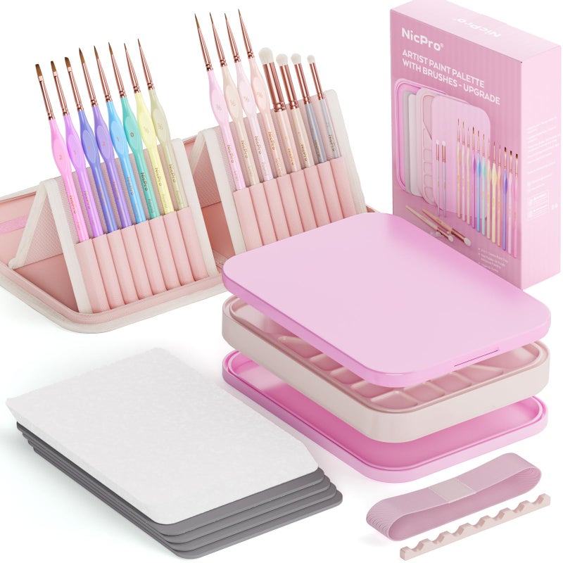 Nicpro Aesthetic Miniature Painting Kit, Stay Wet Palette & 16PCS Detail Paint Brushes Drybrush with Bag, Pallet Paper, Sponges, Mixing Paints Saver Palette for Acrylic, Paint by Numbers, Cute Figures - Image 1