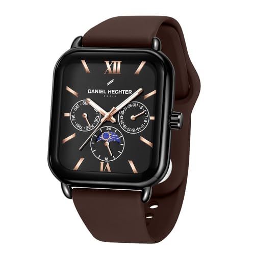 Daniel Hechter Paris Montmartre Unisex Multifunction Square Watch – Black Dial with Day-Date & 24-Hour Subdials, Moonphase Display, Sustainable Silicone Strap - Image 1