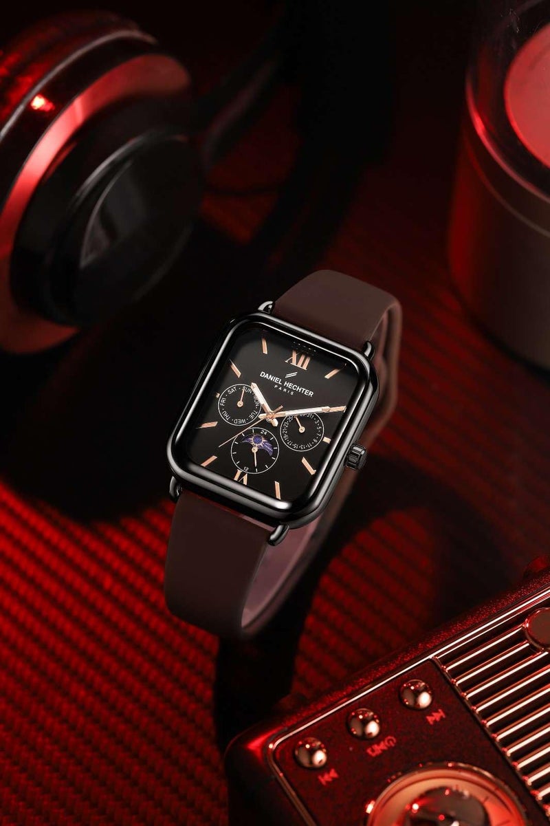 Daniel Hechter Paris Montmartre Unisex Multifunction Square Watch – Black Dial with Day-Date & 24-Hour Subdials, Moonphase Display, Sustainable Silicone Strap - Image 4