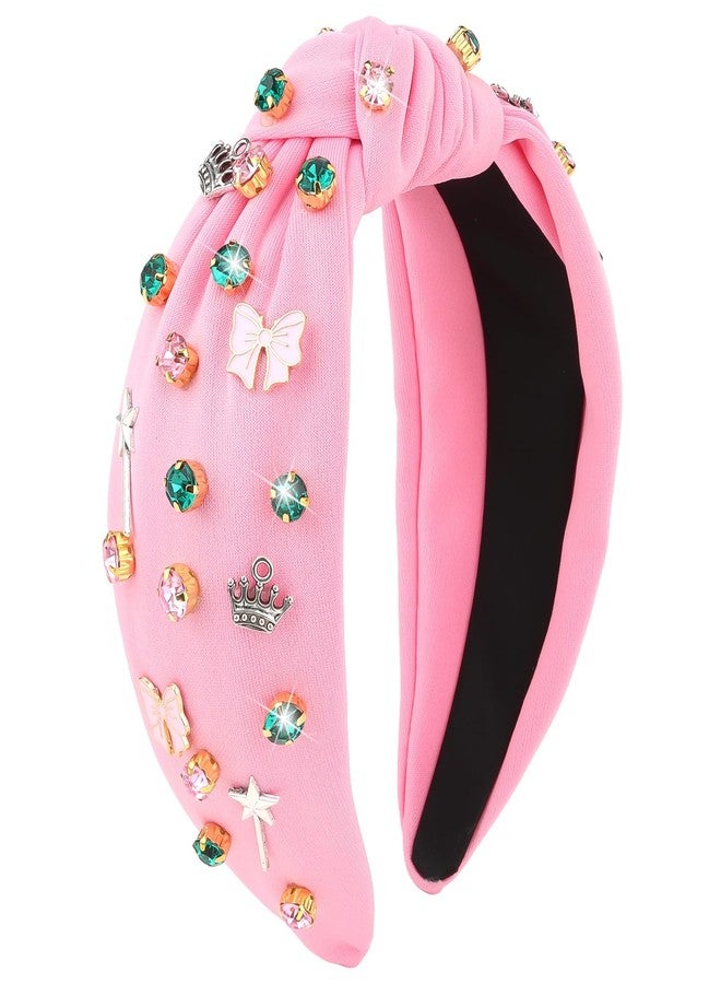 YARIEW Witch Headbands for Women Pink Knotted Headband with Crown Magic Wand Witch Theme Birthday Party Decorations Rhinestone Twisted Knot Costume Photo Booth Props for Witch Birthday Party - Image 1