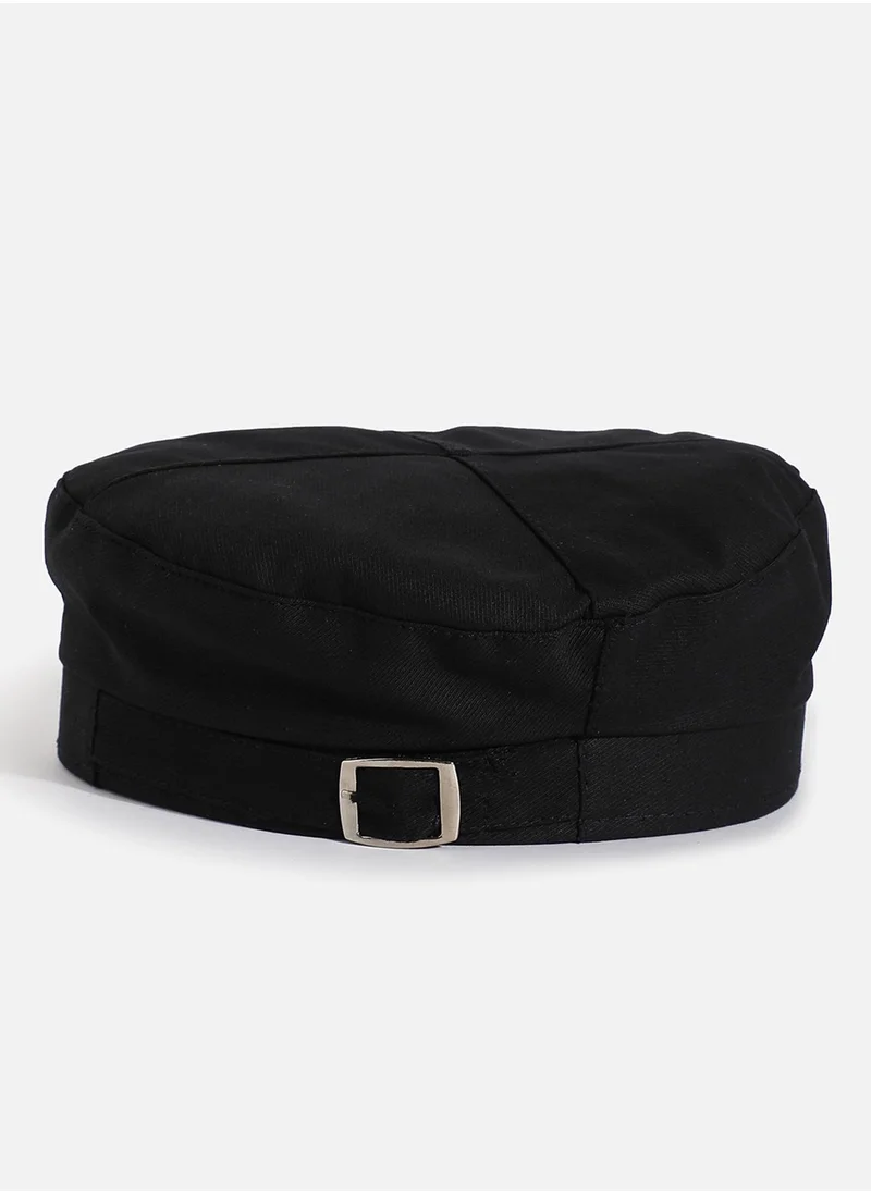 Haute Sauce Black Solid Beret Hat With Buckle Detail