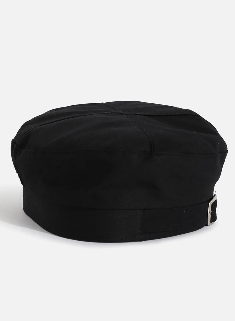 Haute Sauce Black Solid Beret Hat With Buckle Detail
