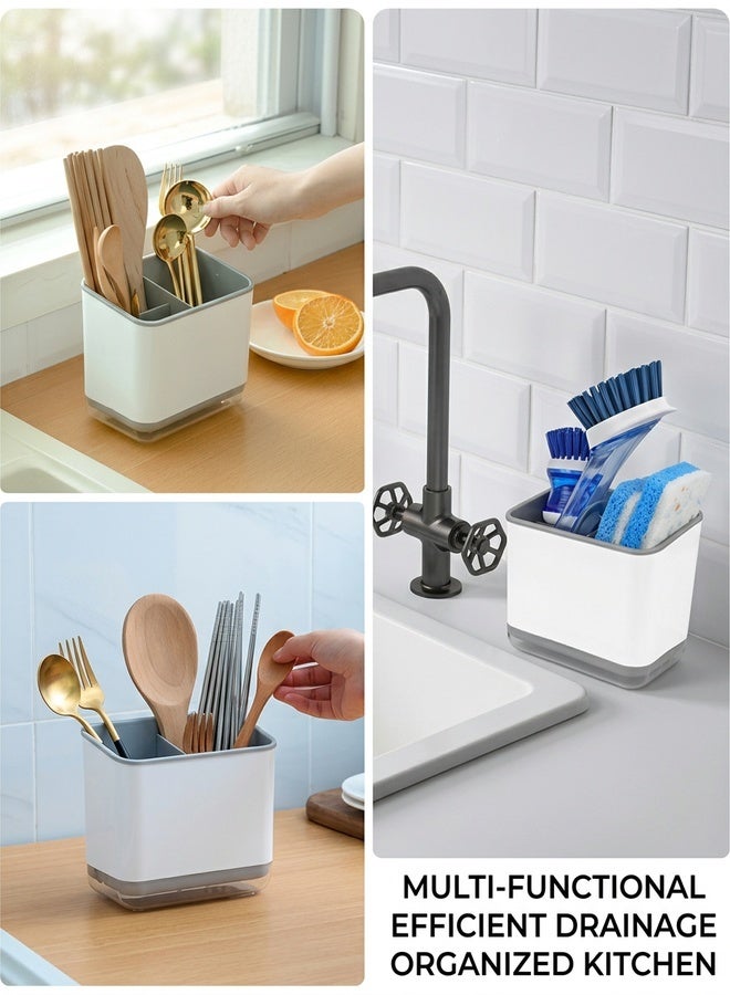Beauenty Kitchen Storage Rack,chopsticks Tube Double Layer Cutlery Drainer Basket,multifunctional Tableware Bucket Utensils Holder Chopsticks Forks/knives/spoons Sink Organizer Box(Grey) - Image 3