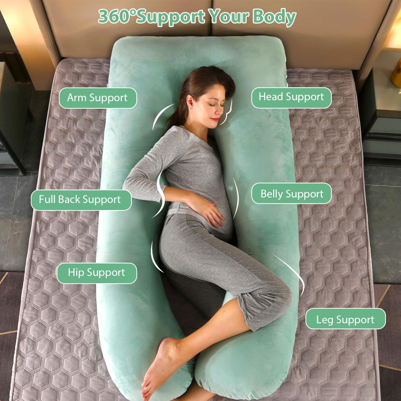 Amagoing 55 inches Pregnancy Pillows for Sleeping, U Shaped Maternity Full Body Pillow for Pregnant Women with Hip, Leg, Back, Belly Support, Washable Velvet Cover Included (Mint Green) - Image 2