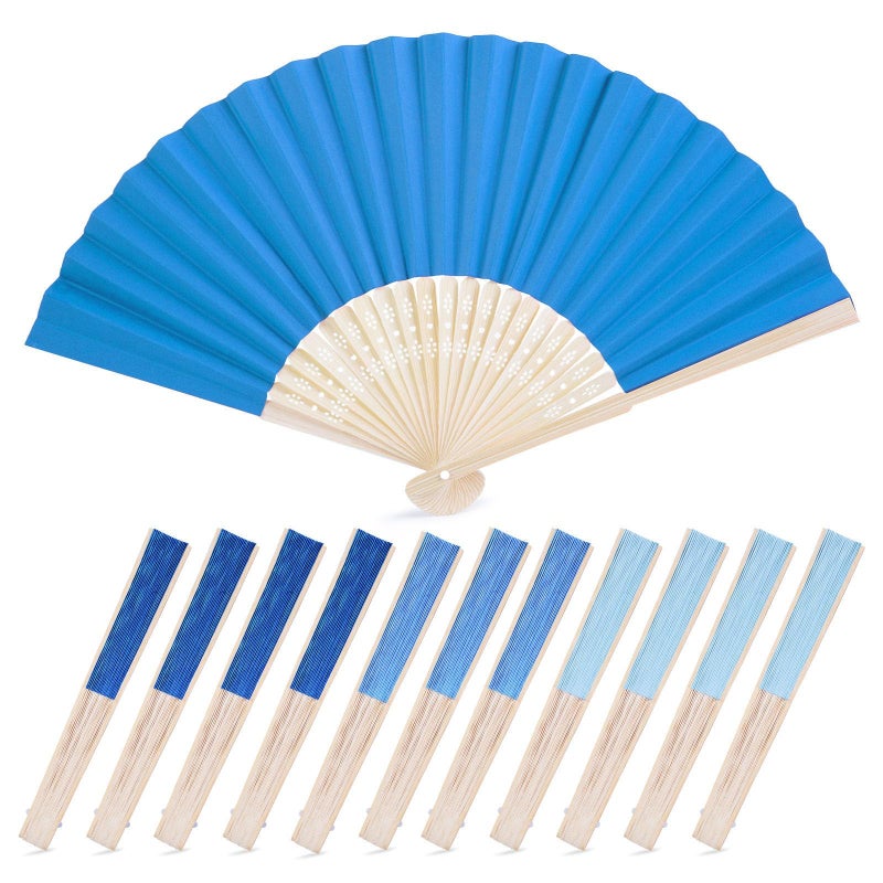 JOHOUSE 12Pcs Blue Paper Folding Hand Fans, 8.3 Inch Handheld Portable Decorative Fans for Wedding, Outdoor Party Favors, Baby Shower Decorations DIY Crafts Photography Prop - Image 1