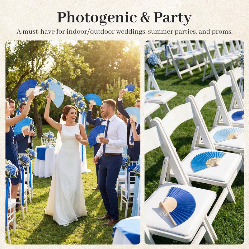 JOHOUSE 12Pcs Blue Paper Folding Hand Fans, 8.3 Inch Handheld Portable Decorative Fans for Wedding, Outdoor Party Favors, Baby Shower Decorations DIY Crafts Photography Prop - Image 2