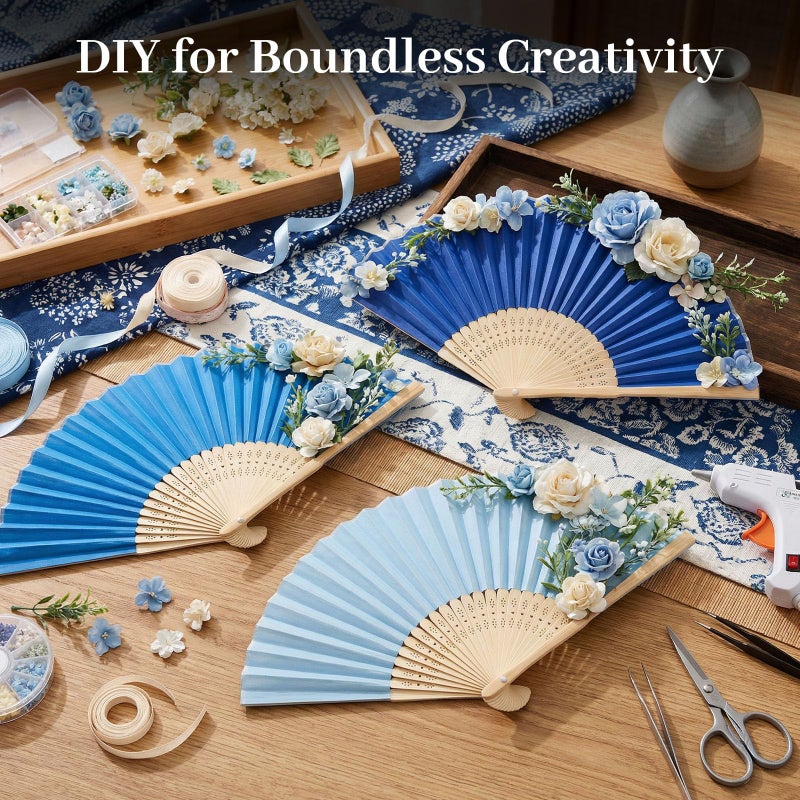 JOHOUSE 12Pcs Blue Paper Folding Hand Fans, 8.3 Inch Handheld Portable Decorative Fans for Wedding, Outdoor Party Favors, Baby Shower Decorations DIY Crafts Photography Prop - Image 5