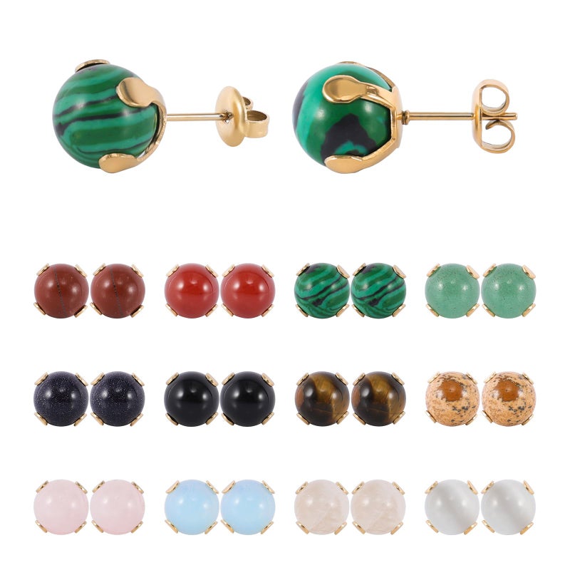 JUSTJANDM 12 Pairs Multi Natural Gemstone Round Bead Ball Stud Earrings Stainless Steel Opal Tiger Eye Rose Quartz Onyx Stone Stud Earrings Set for Women (Gold 8mm) - Image 3