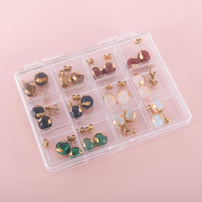 JUSTJANDM 12 Pairs Multi Natural Gemstone Round Bead Ball Stud Earrings Stainless Steel Opal Tiger Eye Rose Quartz Onyx Stone Stud Earrings Set for Women (Gold 8mm) - Image 5