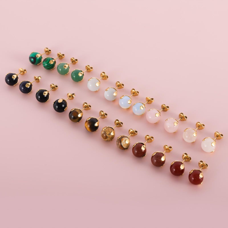 JUSTJANDM 12 Pairs Multi Natural Gemstone Round Bead Ball Stud Earrings Stainless Steel Opal Tiger Eye Rose Quartz Onyx Stone Stud Earrings Set for Women (Gold 8mm) - Image 2