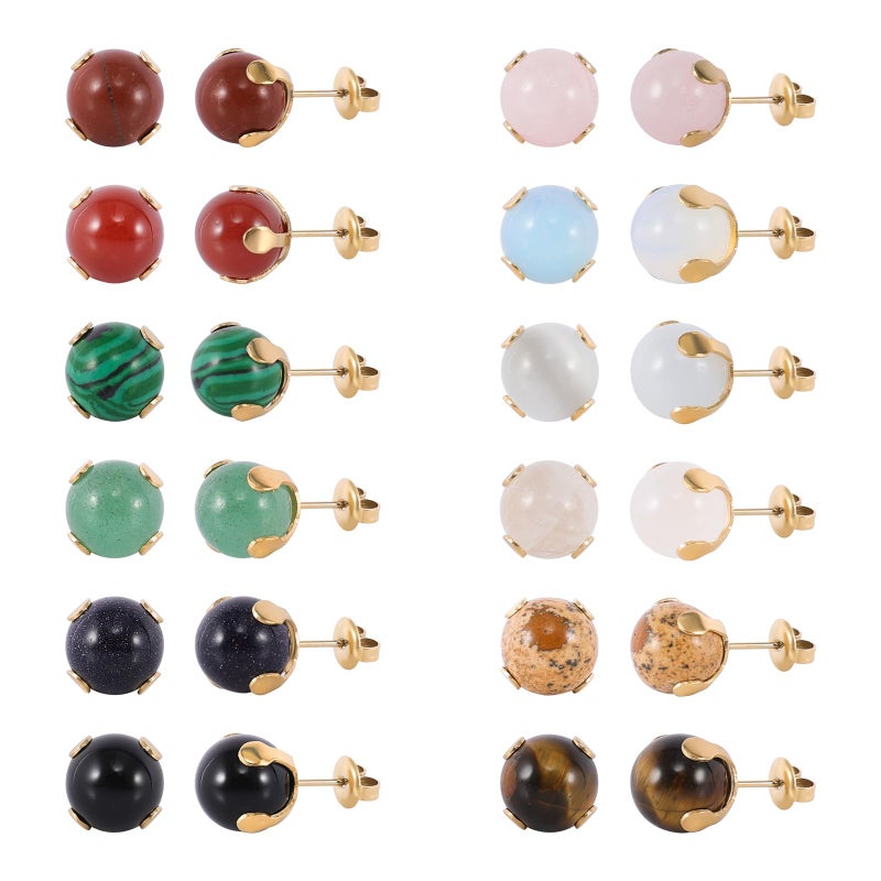 JUSTJANDM 12 Pairs Multi Natural Gemstone Round Bead Ball Stud Earrings Stainless Steel Opal Tiger Eye Rose Quartz Onyx Stone Stud Earrings Set for Women (Gold 8mm) - Image 1