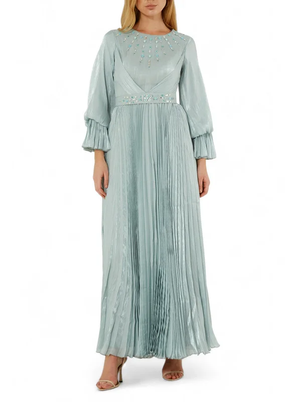 Amri Beautiful Embroidered Pleated Long Dress with Round Neckline With Bishop Sleeves