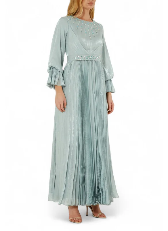 Amri Beautiful Embroidered Pleated Long Dress with Round Neckline With Bishop Sleeves