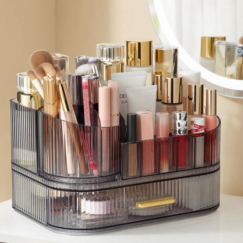 Delamu Makeup Organizer for Vanity with Stackable Drawers, 360 Rotating Makeup Brush Holder Large Cosmetic Display Case, Bathroom Skincare Storage, Crystal Black, Ideal Gifts for Girls - Image 1