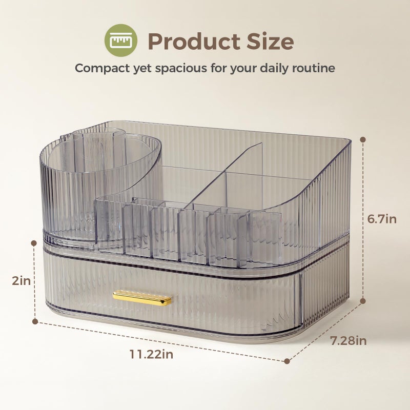 Delamu Makeup Organizer for Vanity with Stackable Drawers, 360 Rotating Makeup Brush Holder Large Cosmetic Display Case, Bathroom Skincare Storage, Crystal Black, Ideal Gifts for Girls - Image 2