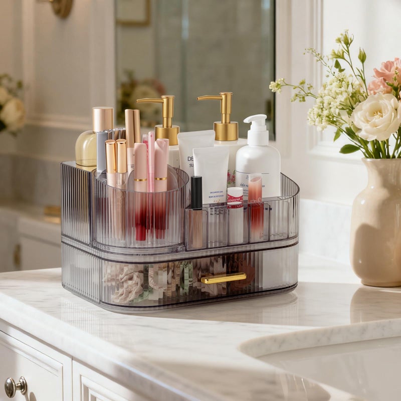 Delamu Makeup Organizer for Vanity with Stackable Drawers, 360 Rotating Makeup Brush Holder Large Cosmetic Display Case, Bathroom Skincare Storage, Crystal Black, Ideal Gifts for Girls - Image 3