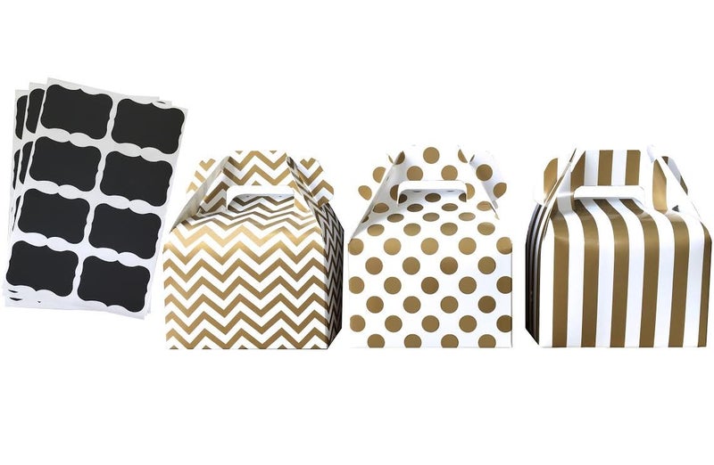 Outside the Box Papers Gold Paper Gable Favor Boxes - Wedding Christmas Supply- Chevron Stripe Polka Dot - Scalloped Chalkboard Labels - 24 Pack - Image 1