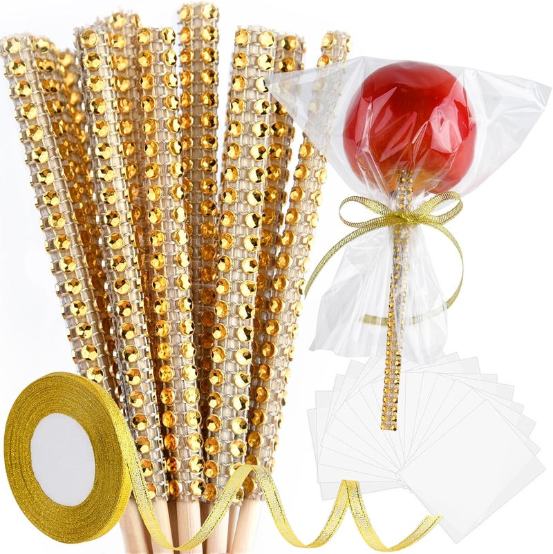 ASTARON 24 Pack Glitter Candy Apple Sticks and Bags, Toffee Apple Kit Including Caramel Apple Stick, Ribbon and Chocolate Apple Bags(Gold) - Image 1