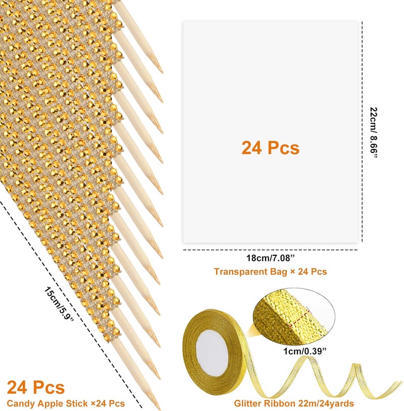 ASTARON 24 Pack Glitter Candy Apple Sticks and Bags, Toffee Apple Kit Including Caramel Apple Stick, Ribbon and Chocolate Apple Bags(Gold) - Image 3