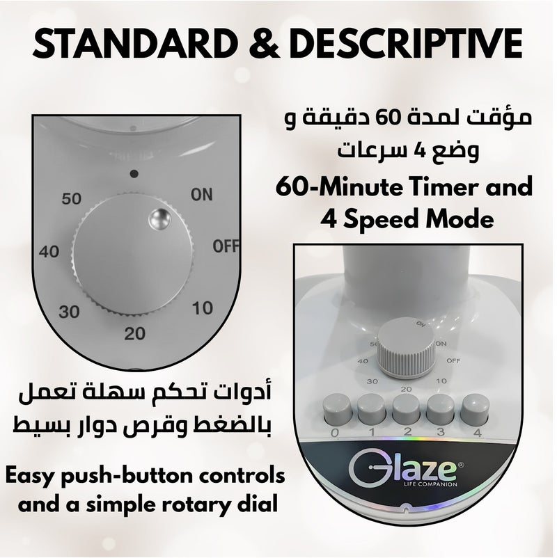 جليز مروحة طاولة 16 بوصة – 4 سرعات، 5 شفرات، مروحة دوارة للمكتب مزودة شبكة أمان مغلفة بالبولي، تدفق هواء عالي، ومحرك هادئ جدًا، مروحة محمولة وهادئة للتبريد، موديل GZ1011TF، باللون الرمادي. - Image 5