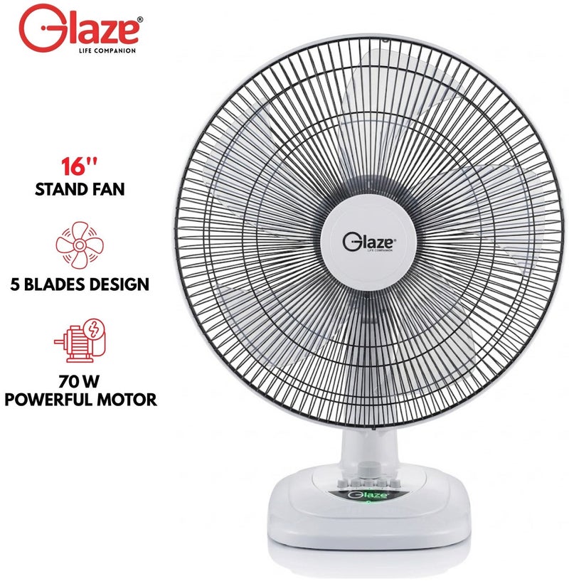 Glaze 16‑Inch Table Fan – 4‑Speed, 5‑Blade Oscillating Desk Fan with Poly‑Coated Safety Grill, High Airflow & Super‑Quiet Motor, Portable Quiet Cooling Fan, Model GZ1011TF, Grey - Image 1