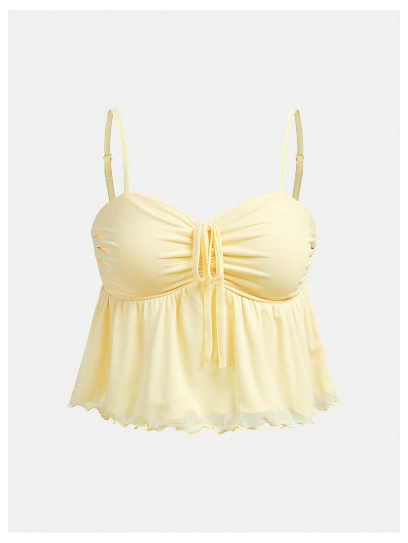 Verdusa Girl's 2 Piece Summer Outfits Bow Tie Ruffle Camisole Tops with Mini Skirt Clothing Set Butter Yellow 12 Years - Image 3