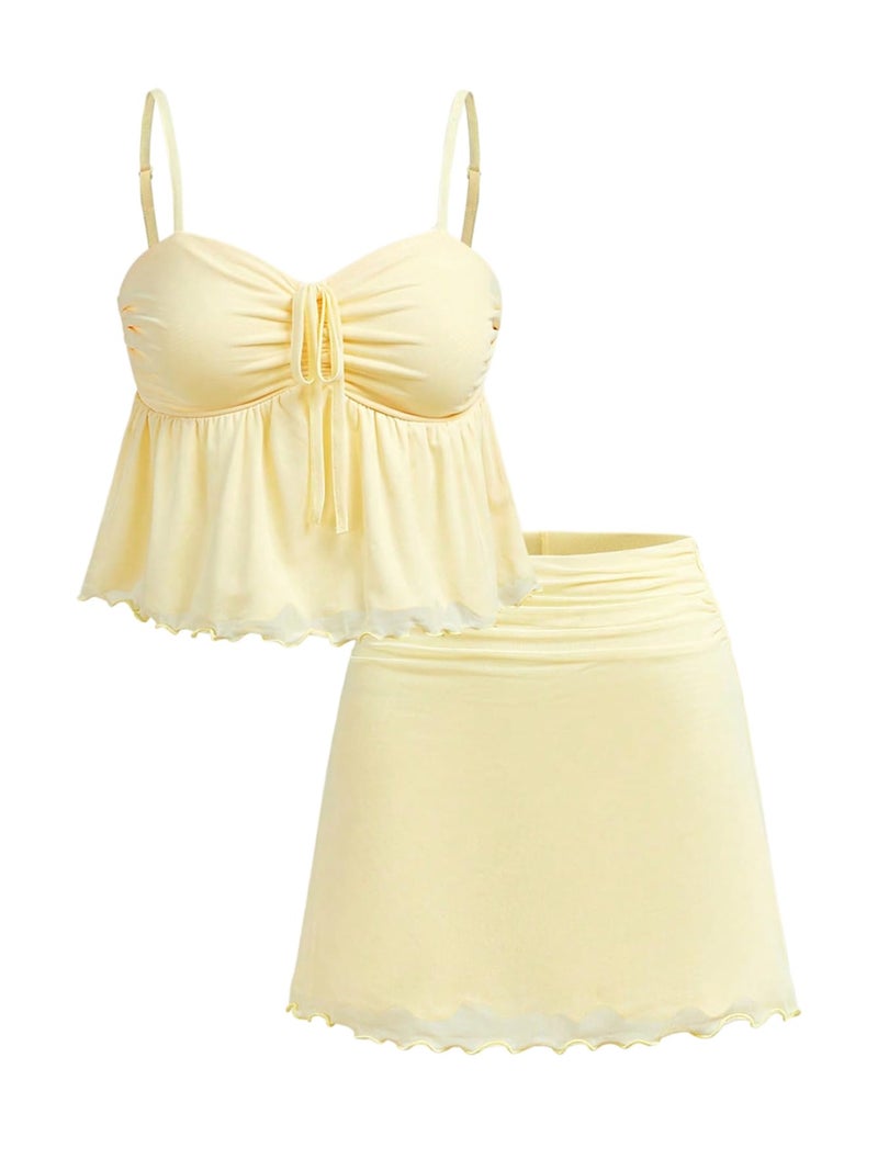 Verdusa Girl's 2 Piece Summer Outfits Bow Tie Ruffle Camisole Tops with Mini Skirt Clothing Set Butter Yellow 12 Years - Image 1