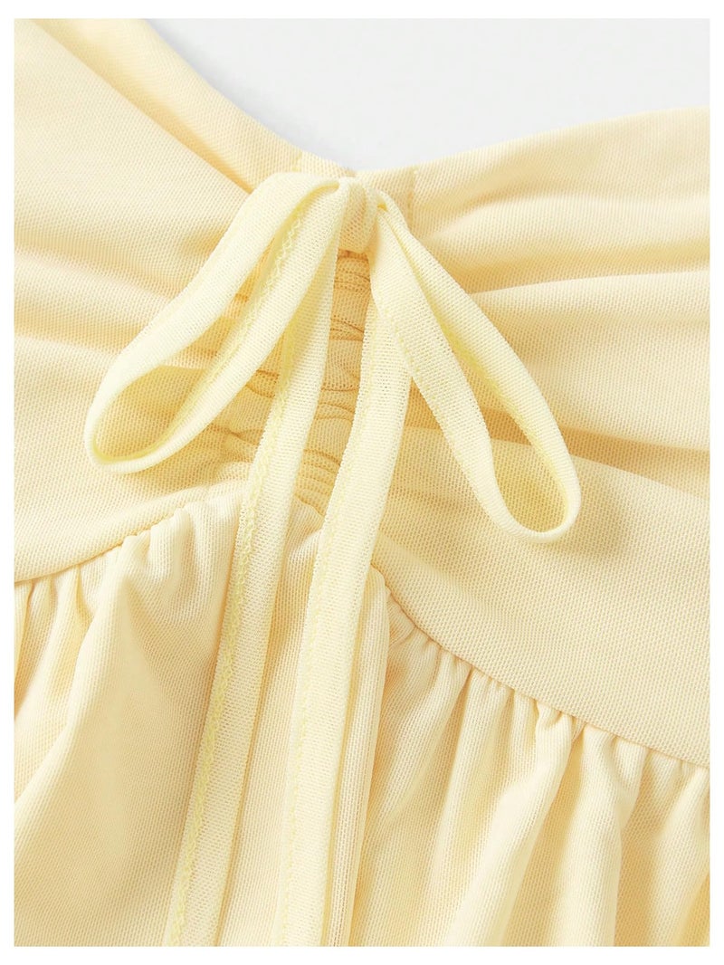 Verdusa Girl's 2 Piece Summer Outfits Bow Tie Ruffle Camisole Tops with Mini Skirt Clothing Set Butter Yellow 12 Years - Image 5
