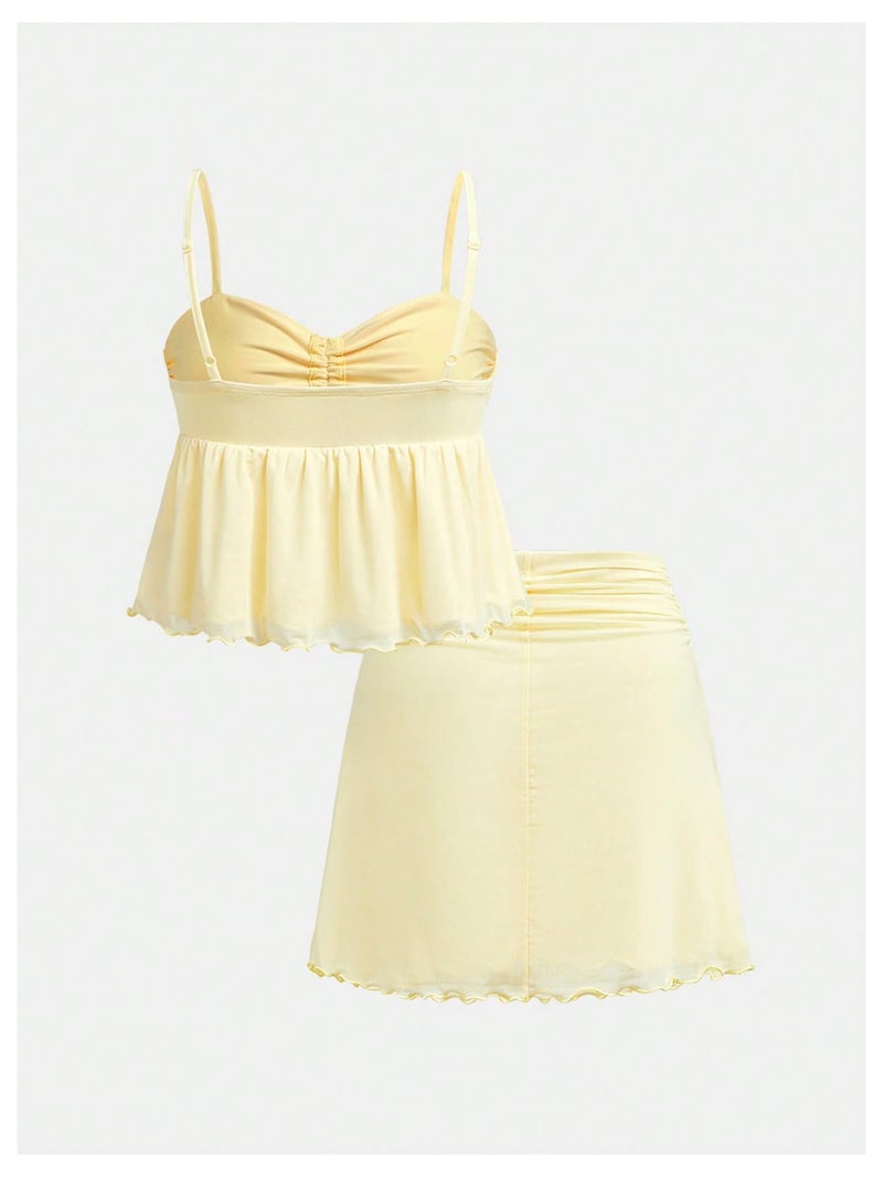 Verdusa Girl's 2 Piece Summer Outfits Bow Tie Ruffle Camisole Tops with Mini Skirt Clothing Set Butter Yellow 12 Years - Image 2