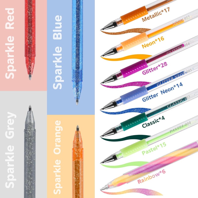 ZSCM QUALITY DECIDES THE FUTURE 202 Pack Gel Pen For Adults Coloring Books, 104 Artist Pens Include 100 Colored Pens, 4 Metallic Sparkle Pens With 98 Refills, Fine Tip Metallic Gel Pen for Drawing Journaling Craft Art Supplies - Image 3