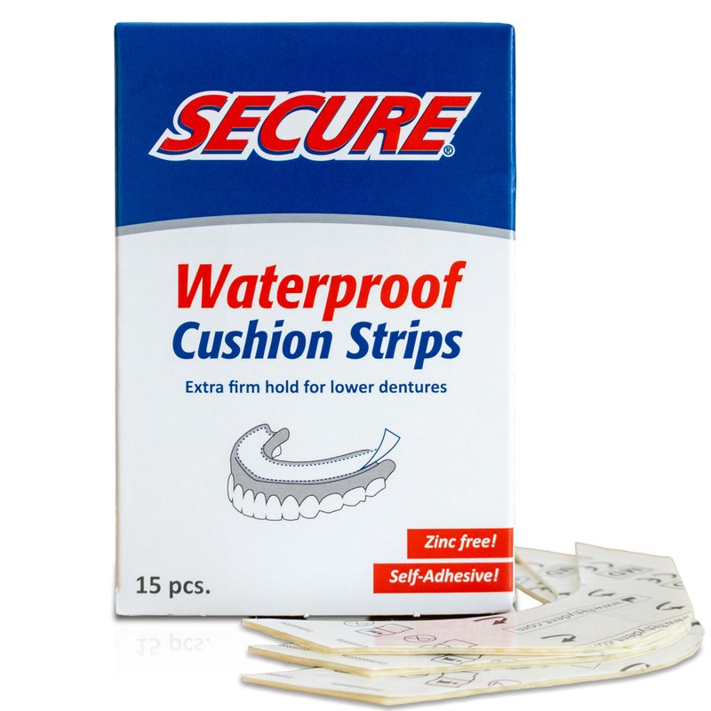 Secure Denture Adhesive Strips â€“ Zinc Free â€“ Waterproof â€“ Comfortable Cushion Fit for Lowers â€“ Extra Firm All-Day-Hold â€“ No Mess â€“ Clean Ingredients - 75 Strips (5 Pack) - Image 1