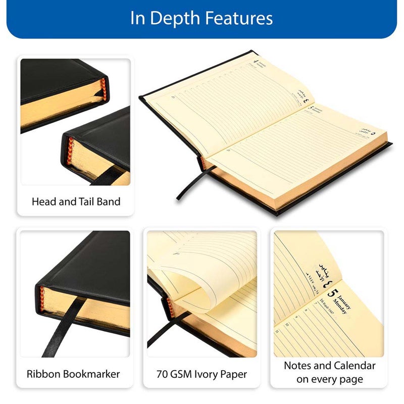FIS 2026 Golden A5 Diary, 148x210mm, 1 Side Padded Italian PU Cover Materials, Gold Gilded Edges, 1 Day a Page Format, Arabic/English, 70gsm Italian Ivory Paper, Black Cover-FSDI20AEG26BK - Image 5