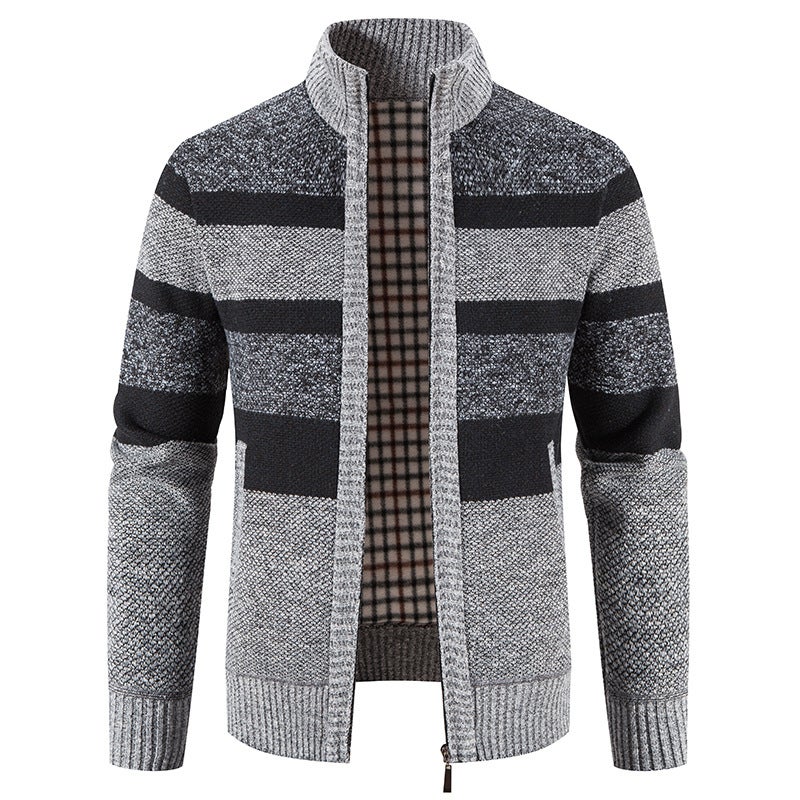 2022 Color Matching Stand Collar Zipper Knitted Cardigan Men'S Outer Wear Fleece-Lined Thick Sweater Coat Korean Style - Image 1