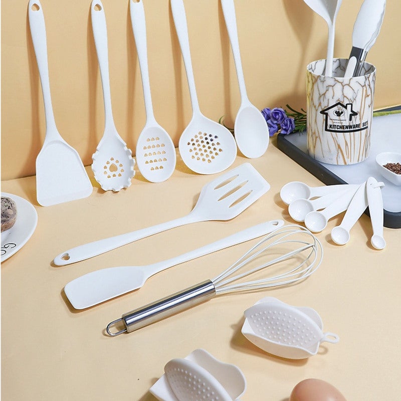 Silicone Cooking Utensils Set 18 Piece Food Grade Silicone Black - Heat Resistant Kitchen Utensils with Wooden Handle for Nonstick Cookware - Image 3