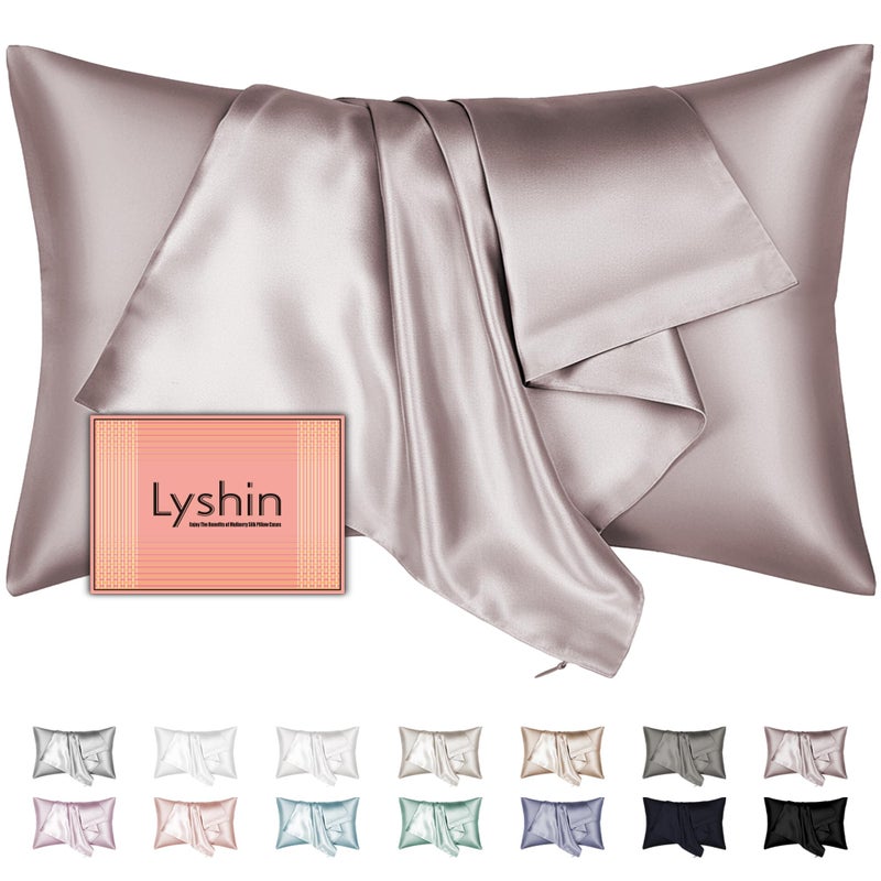 LYSHIN Mulberry Silk Pillow Cases Standard Size with Hidden Zipper  Ultra Smooth and Soft Breathable Cooling Silk Satin Pillowcase for Hair and Skin  Gifts for Women Men (Taupe  20x26 Inches  1 Pack) - Image 1