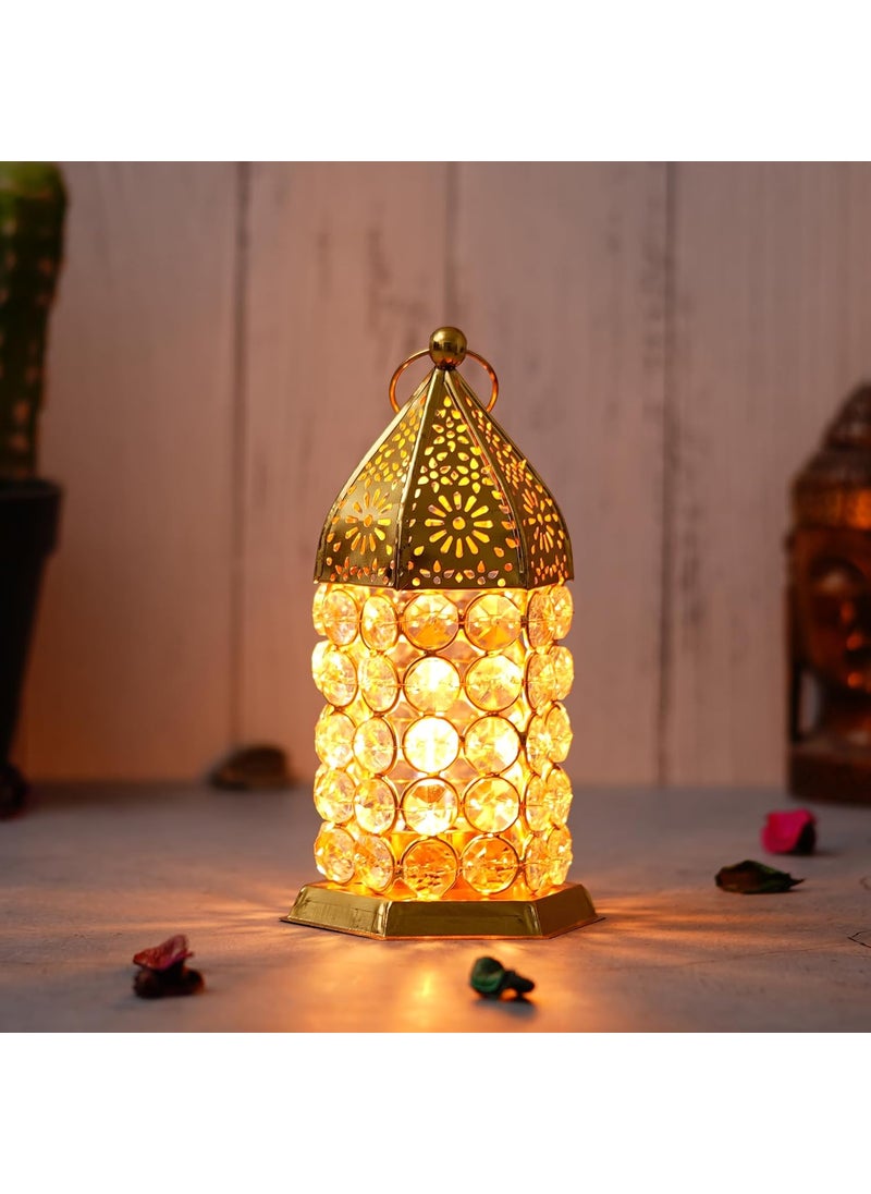 Webelkart WebelKart Premium Crystal Lantern Shape Tealight Candle Holder for Home Decor |Tealight Holder for Diwali Decor (6.49" Inches Gold) Table Candle Stand  - Image 1