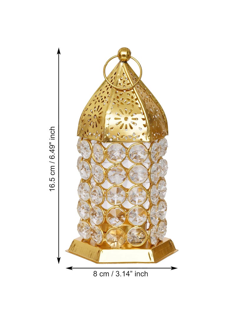 Webelkart WebelKart Premium Crystal Lantern Shape Tealight Candle Holder for Home Decor |Tealight Holder for Diwali Decor (6.49" Inches Gold) Table Candle Stand  - Image 3