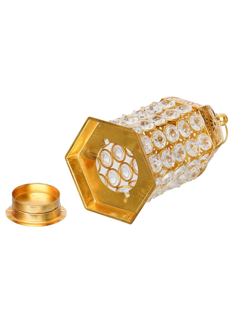 Webelkart WebelKart Premium Crystal Lantern Shape Tealight Candle Holder for Home Decor |Tealight Holder for Diwali Decor (6.49" Inches Gold) Table Candle Stand  - Image 4