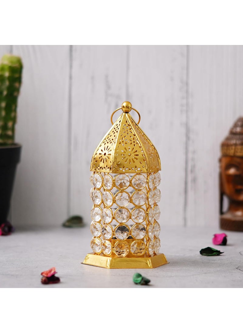 Webelkart WebelKart Premium Crystal Lantern Shape Tealight Candle Holder for Home Decor |Tealight Holder for Diwali Decor (6.49" Inches Gold) Table Candle Stand  - Image 2