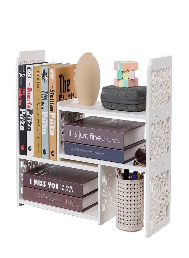 EARTHSON Desk Organizer Shelf, Expandable Bookshelf for Desk, Small Desktop Bookshelf, Mini Cute White Adjustable Office Desk Shelves - Image 1