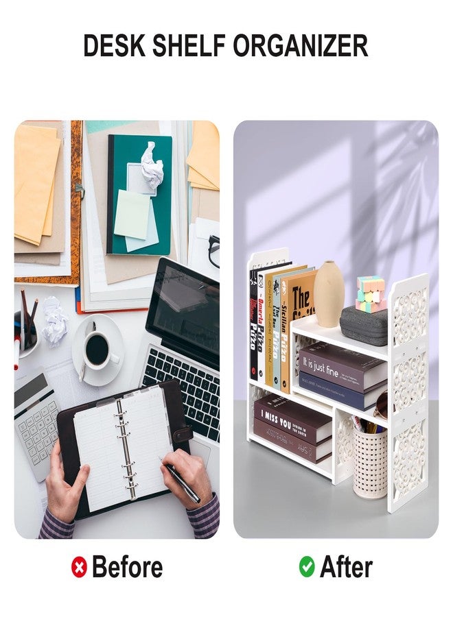 EARTHSON Desk Organizer Shelf, Expandable Bookshelf for Desk, Small Desktop Bookshelf, Mini Cute White Adjustable Office Desk Shelves - Image 5