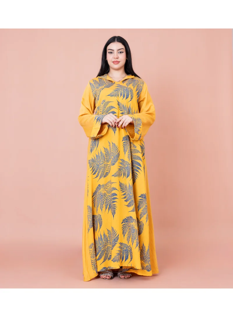 IKKXA Hooded Leaf Print Jalabiya IK1033 Yellow