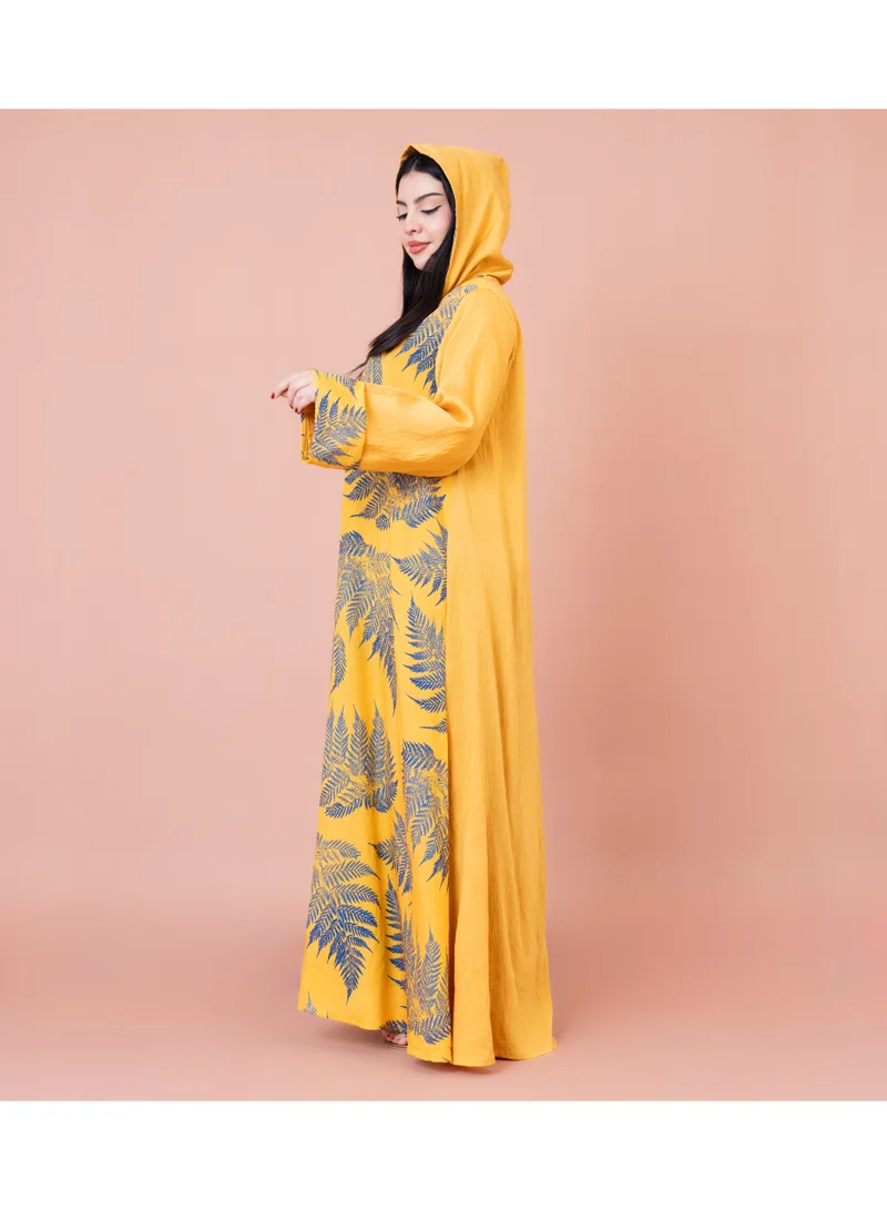 IKKXA Hooded Leaf Print Jalabiya IK1033 Yellow