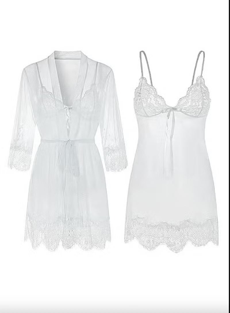 طقم قميص نوم حريري شبكي نسائي مع رداء وسروال داخلي متناسق - ملابس نوم أنيقة، مقاس واحد